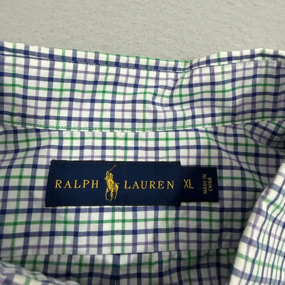 Polo Ralph Lauren Button Down Shirt Men's Extra Large White Blue Green Plaid